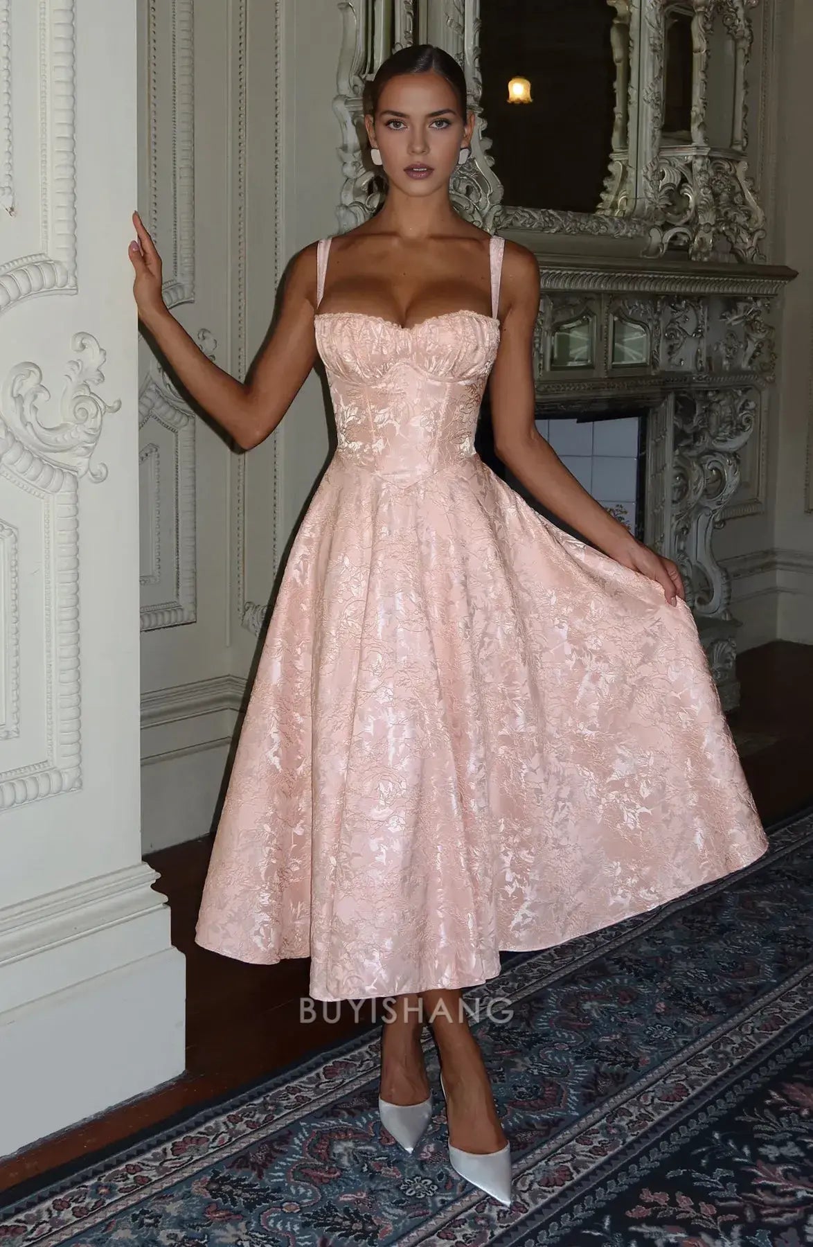 Elegant A-Line Spaghetti Strap Jacquard Midi Ball Gown with Corset Back Prom Dresses
